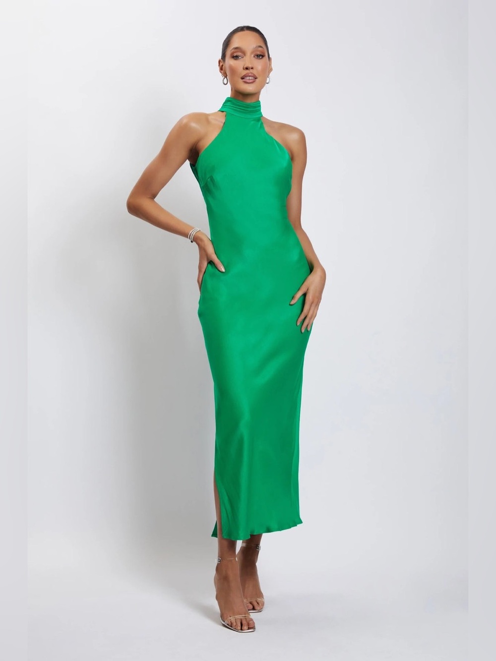 Meshki Claire Satin Drape Back Maxi Dress with Split in Green - Size S